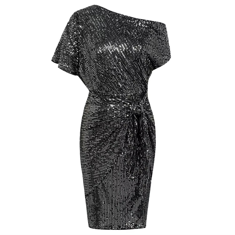 Cocktail Dresses for Women Sequined Party Dress Summer Ruched Short Sleeve Asymmetric off Shoulder Bodycon Dress Vestidos