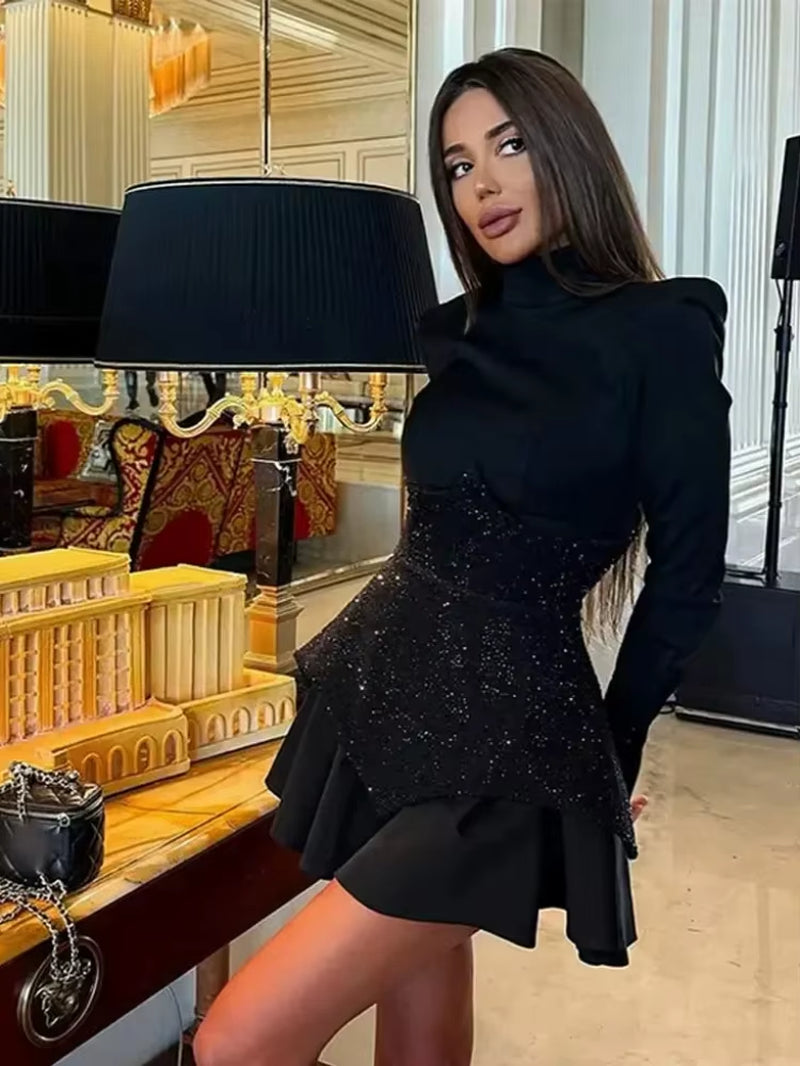 Glamour in Sparkle: Long Sleeves Waist Sparkle Diamond Mini Dress