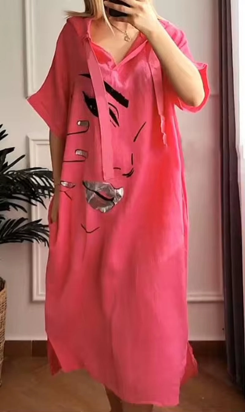 City Breeze: Urban V-Neck Hooded Summer Dress with Pockets