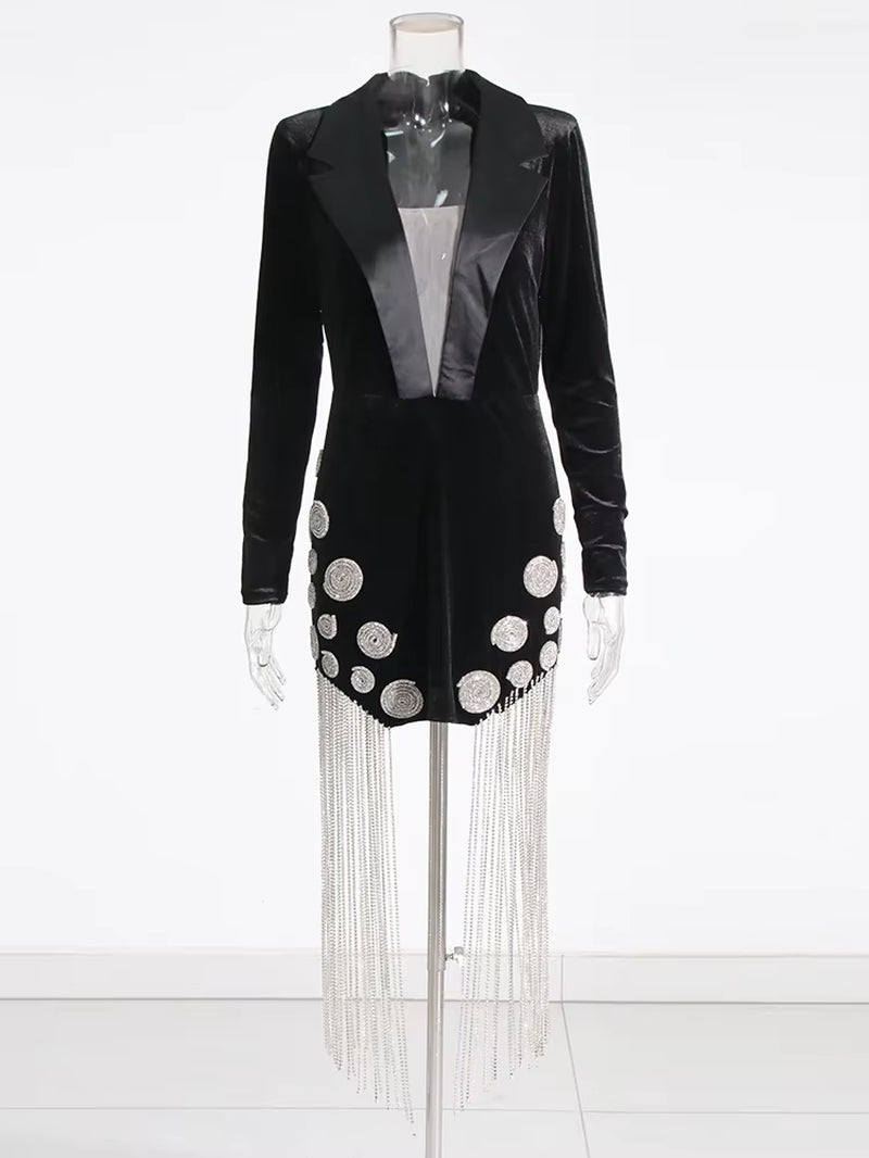 LuxeLink™ Chain Patchwork Mini Dress – Deep V-Neck, High Waist Elegance with Slimming Fit and Long Sleeves