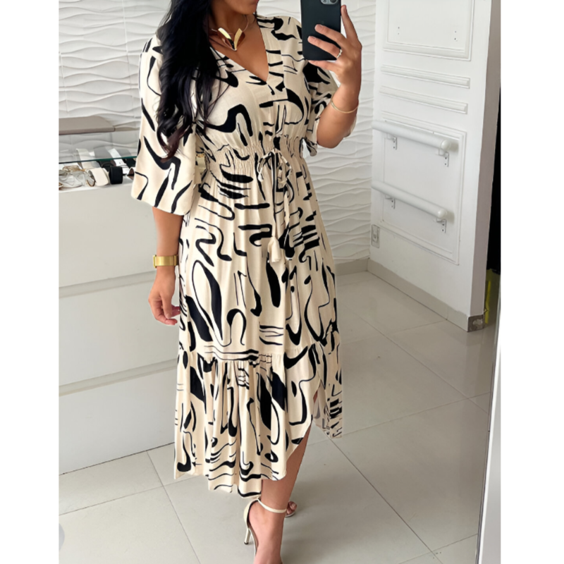 Summer Bohemian Women Print Midi Dress – V-Neck, Half Sleeve, High Elastic Waist A-Line Dress
